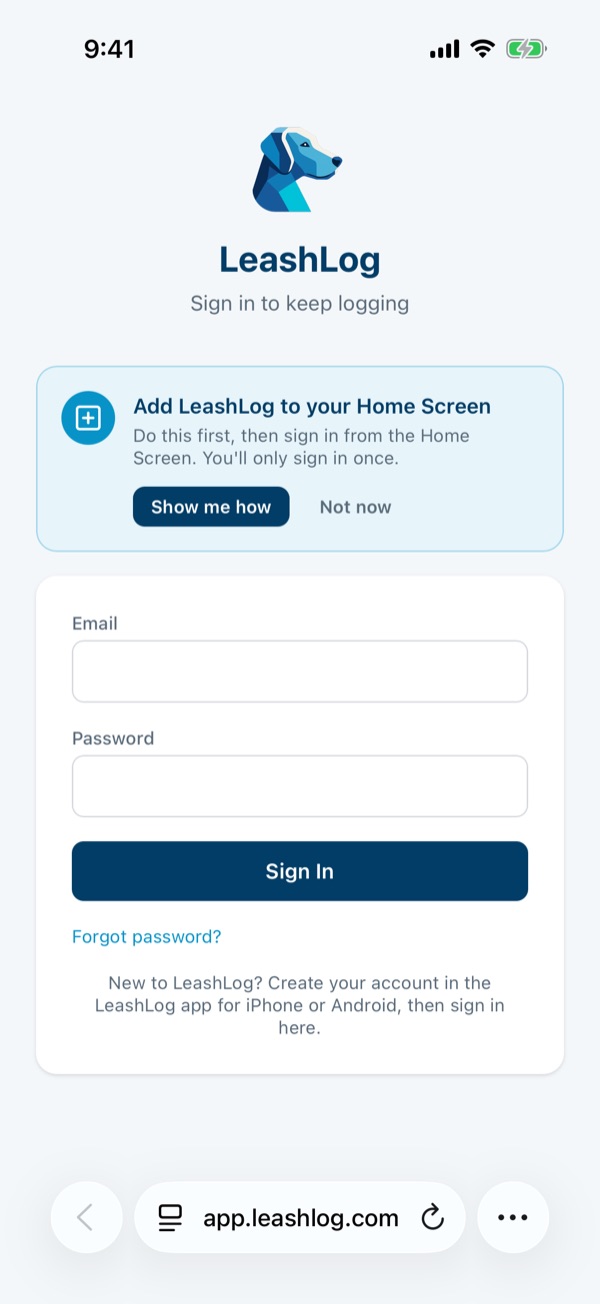 Safari showing the LeashLog sign-in page. The More button next to the address bar is circled.