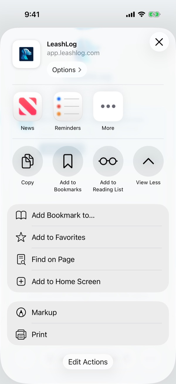 The full Share list with Add to Home Screen circled.