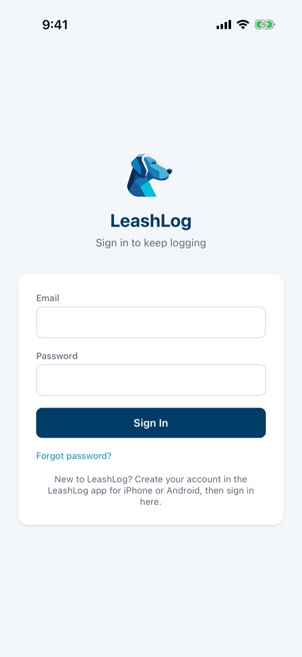 LeashLog open full screen on its sign-in page, without Safari's address bar.