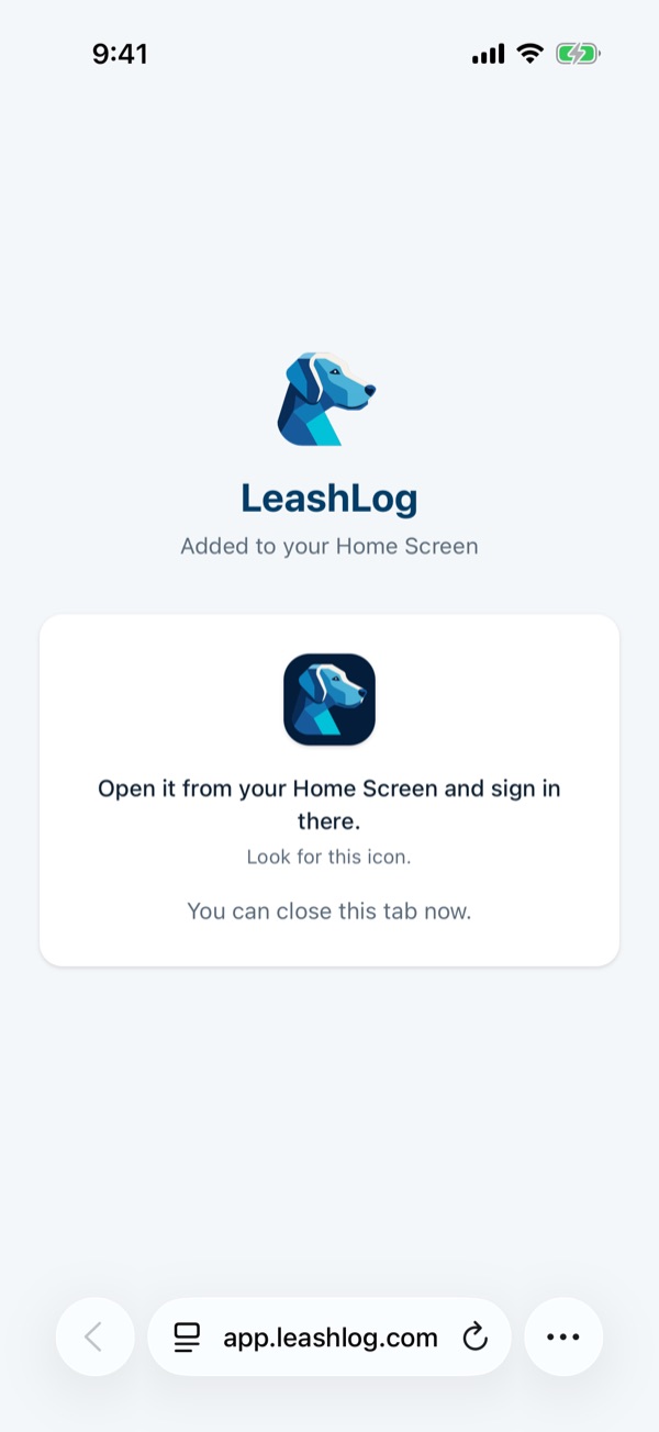 Safari showing Added to your Home Screen: open it from your Home Screen and sign in there.